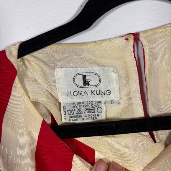 Vintage 1980s Flora Kung Silk Red White Striped Dress Damask Wounded Bird AS IS - Picture 13 of 16